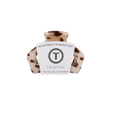 Load image into Gallery viewer, TEKETIES Open Blonde Tortoise Petite Hair Clip with packaging with the Teleties logo
