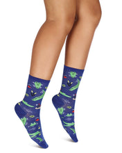 Load image into Gallery viewer, person wearing Gators Bamboo Crew Socks blue socks with green gators
