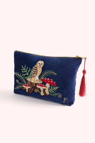 dark blue velvet pouch with embroidered owl and mushrooms