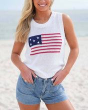 Load image into Gallery viewer, person in white Crew Neck American Flag Knit Tank Top
