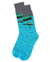 Load image into Gallery viewer, blue sock with gator design a the ankle 
