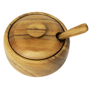 Pacific Merchants Acacia Wood Round Condiment with Lid & Spoon