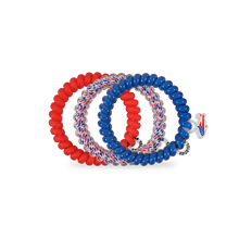 Load image into Gallery viewer, Stack of three hair ties - TELETIES Sea to Shining Sea 3 Pack Hair Ties  one blue one red and one red white and blue
