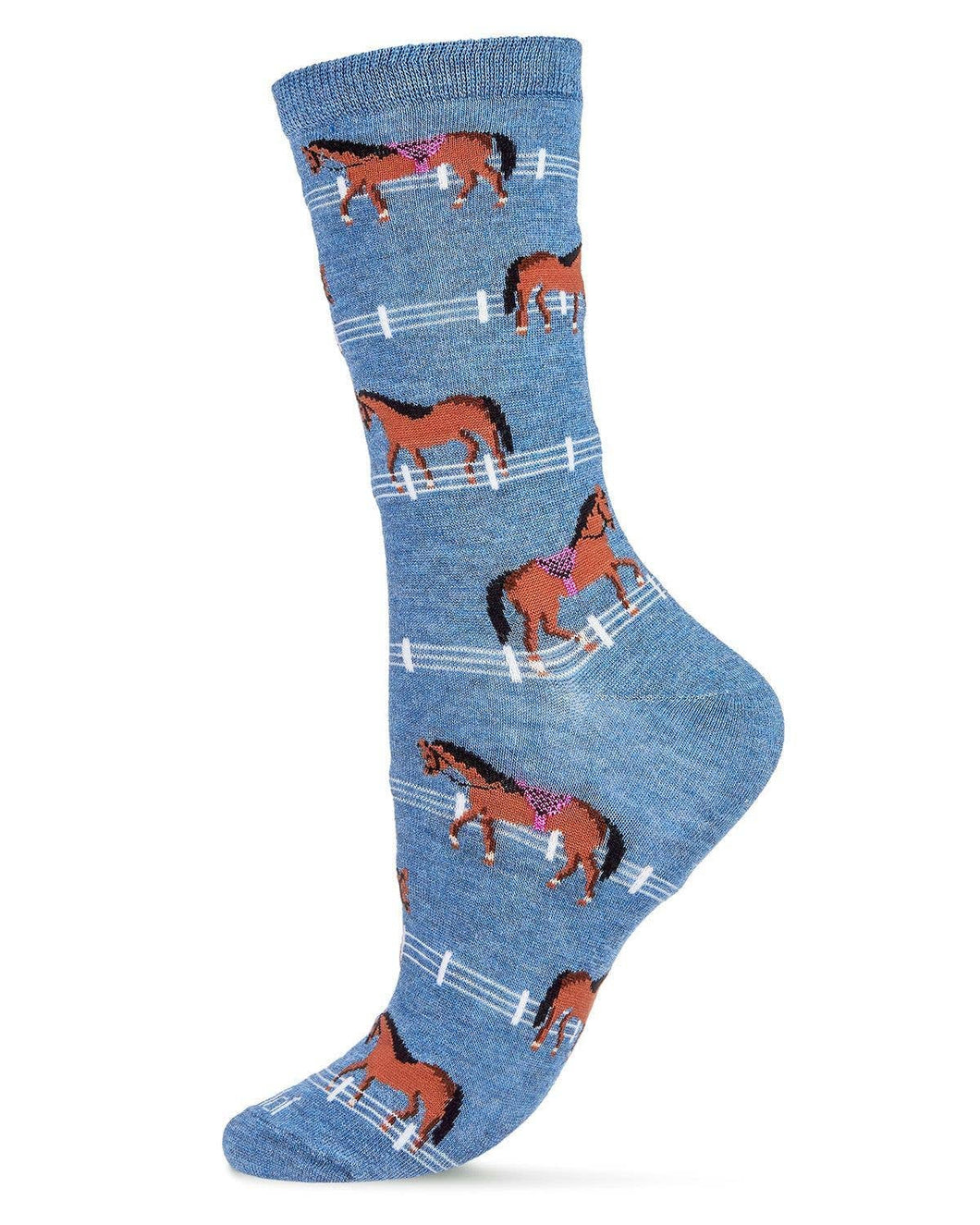 blue sock with brown horse design