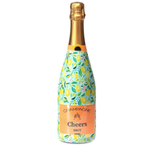 Load image into Gallery viewer, Champagne Bottle covered with the Preppy Lemons Champagne Bottle Wrap
