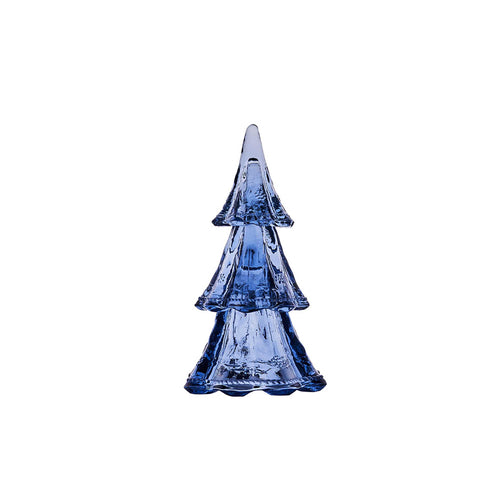 Blue glass tree with three levels each level slightly smaller than the one below it