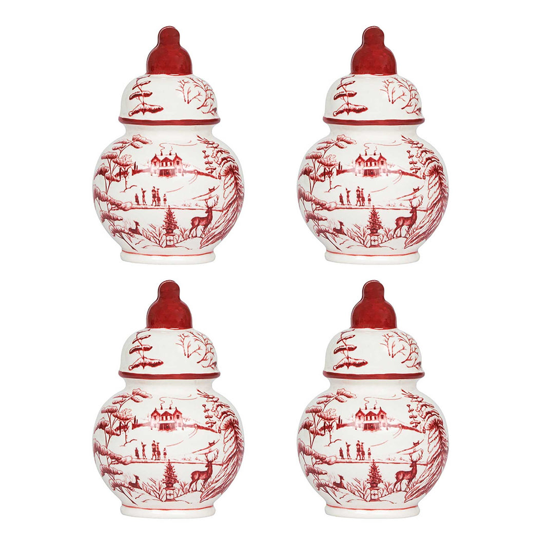 Found red and white place card holders shaped as ginger jars