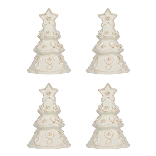 Four card holders shaped like Christmas trees decorated with berries and thread