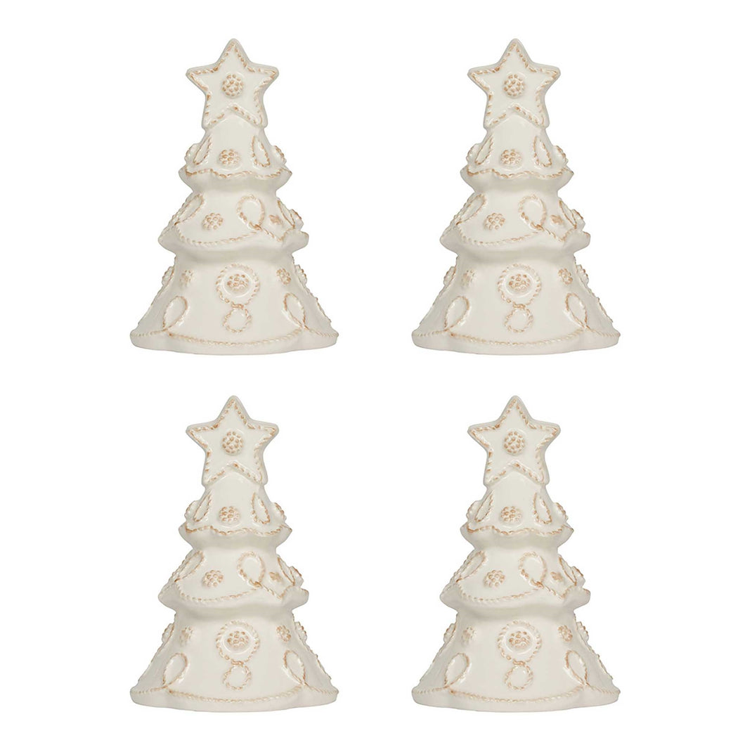 Four card holders shaped like Christmas trees decorated with berries and thread