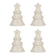 Four card holders shaped like Christmas trees decorated with berries and thread