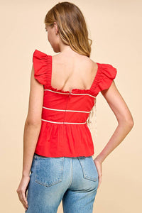 Ruched Detail Ruffled Straps Top - Red