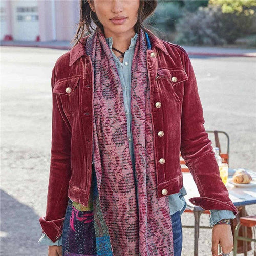 person wearing Solid Color Velvet Short Jacket Coat Burgundy 