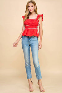 Ruched Detail Ruffled Straps Top - Red