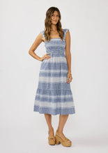 Load image into Gallery viewer, person wearing a Navy &amp; White Stripe Smocked Midi Dress 
