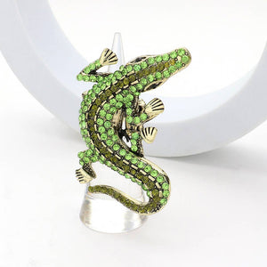 Rhinestone Paved Alligator Pointed Stretch Ring - Green