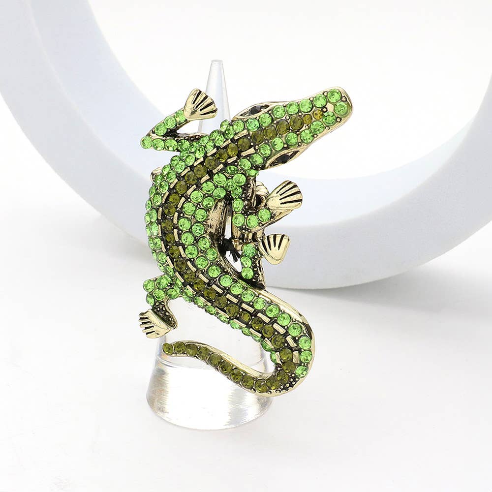 Rhinestone Paved Alligator Pointed Stretch Ring - Green