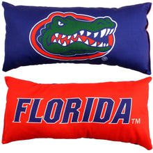 Load image into Gallery viewer, Florida Gators 2 Sided Bolster Travel Pillow one side is blue with gator logo and orange with blue text Florida 
