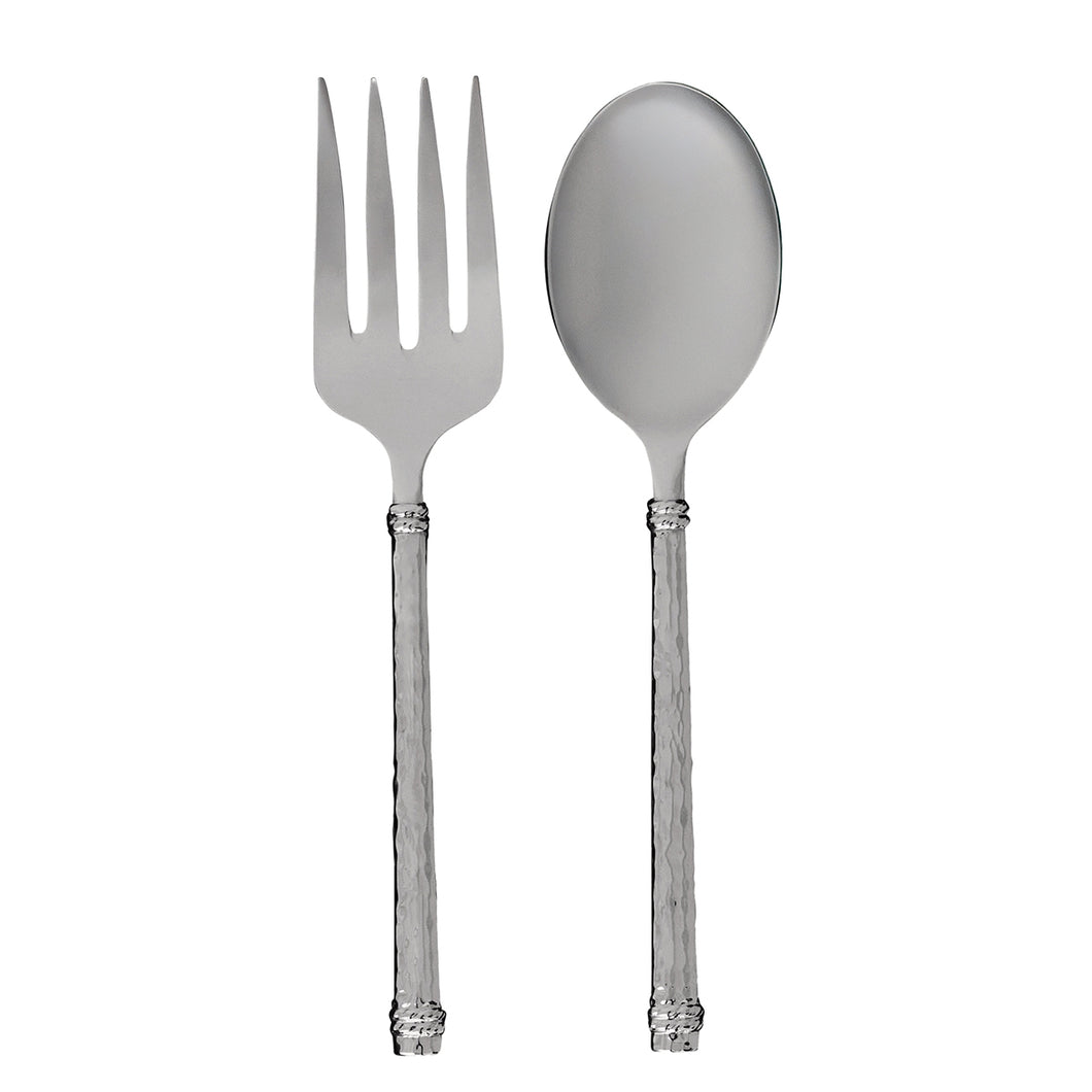 Serving spoon and fork with a hammered texture silver handles 