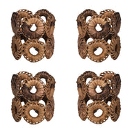 Four napkins rings each with two rows of rings woven from brown reeds