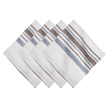 Load image into Gallery viewer, Four white napkins with blue and brown stripes in variance widths 
