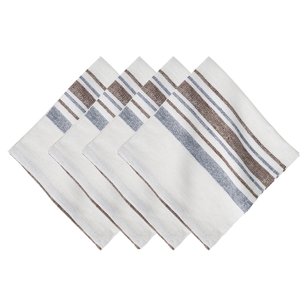 Four white napkins with blue and brown stripes in variance widths 