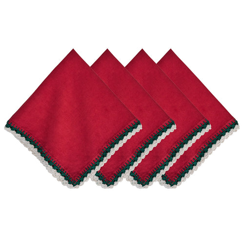 Four red napkins with embroidered green and white border  
