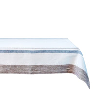 Load image into Gallery viewer, White table cloth with blue and brown stripes in variance widths 
