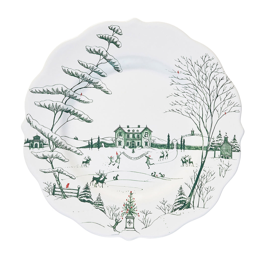 Plate with scalloped edge with winter scene painted in green