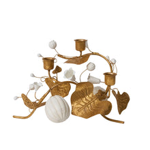 Load image into Gallery viewer, gold and white Candlestick Holder for three taper candlesticks decorated with gold leaves and white pumpkins and flowers 
