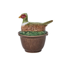 Load image into Gallery viewer, Brown bowl with a woodgrain texture and a lid shaped like a chicken sitting in the grass
