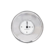 Mariposa Signature Round Clock white and black clock with 12, 3, 6, and 9  clock face surrounded by wide silver colored border 