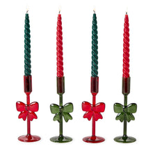 Load image into Gallery viewer, green and red glass candle holders with decorative glass blow accent and green and red candles
