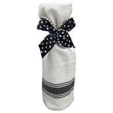 Load image into Gallery viewer, White Kitchen Tea Towel with black lined trim with a black bow
