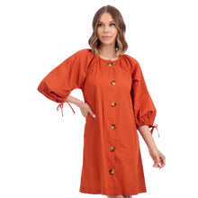 Load image into Gallery viewer, Short Rust orange dress with large buttons and gathered 3/4 sleeves

