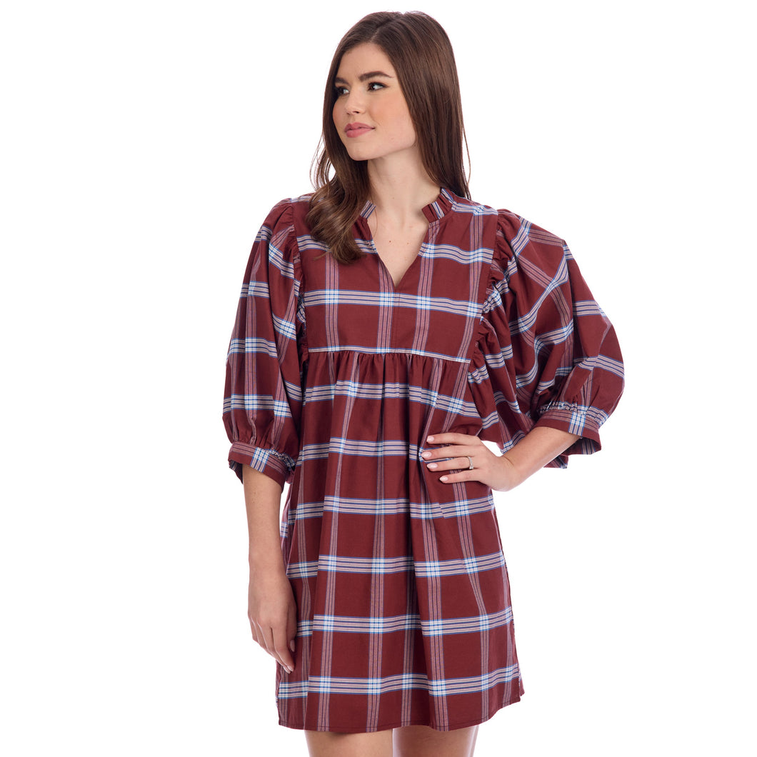 brown plaid dress with puffed 3/4 sleeves