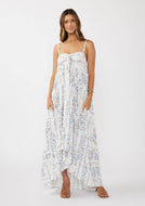 Hi-Lo Spaghetti Strap Patchwork Ruffle Maxi Dress - Creamy/Dusty Blue
