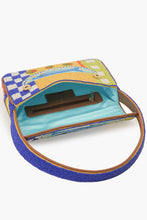 Load image into Gallery viewer, Mediterranean Sardine Hand-Beaded Shoulder Bag beaded open showing blue interior and zipper 
