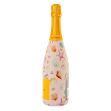 Load image into Gallery viewer, Champagne Bottle covered with the Pink Seashells Champagne Bottle Wrap side view
