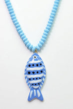 Load image into Gallery viewer, Vibrant Fish Pendant Beaded Necklace with blue black and white fish pendant and light blue necklace
