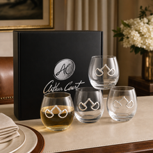 Load image into Gallery viewer, Equestrian Bit Stemless Wine Glasses and a branded arthur court box

