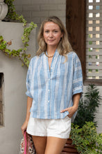 Load image into Gallery viewer, short sleeve button down top with blue and white striped print
