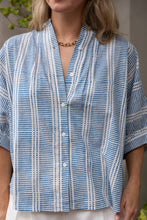 Load image into Gallery viewer, short sleeve button down top with blue and white striped print close up of button down front
