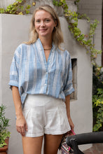 Load image into Gallery viewer, short sleeve button down top with blue and white striped print
