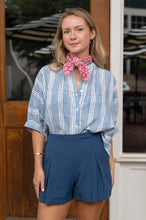 Load image into Gallery viewer, short sleeve button down top with blue and white striped print

