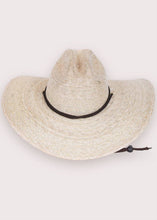 Load image into Gallery viewer, tan hat with wide brim brown stripe and chin strap
