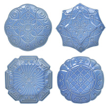 Load image into Gallery viewer, Juliska Jardins Du Monde Dessert/Salad Plate Assorted Set/4 each plate is unique with a different raised pattern and shape in Chambray  blue
