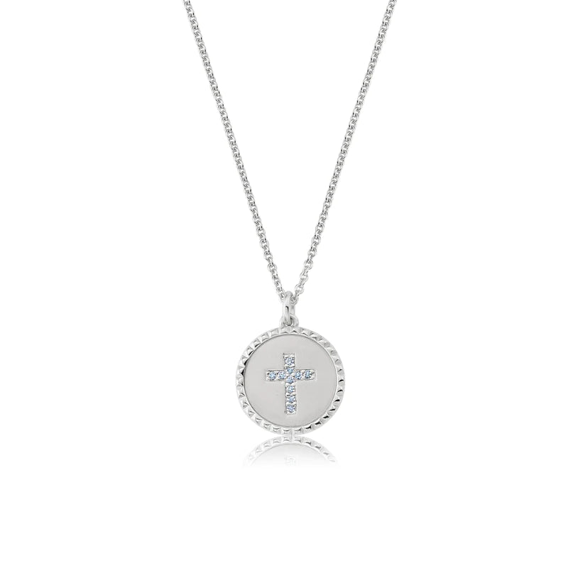 Brilliant Round Enamel Backed Cross Medallion Necklace Finished in Pure Platinum