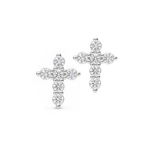 Load image into Gallery viewer, A pair of silver cross stud earrings set with clear round-cut gemstones, displayed on a clean white background.
