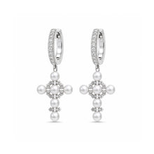Load image into Gallery viewer, Crislu Brilliant &amp; Pearl Cluster Cross Hoop Earrings in platinum 
