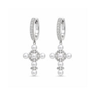 Crislu Brilliant & Pearl Cluster Cross Hoop Earrings in platinum 